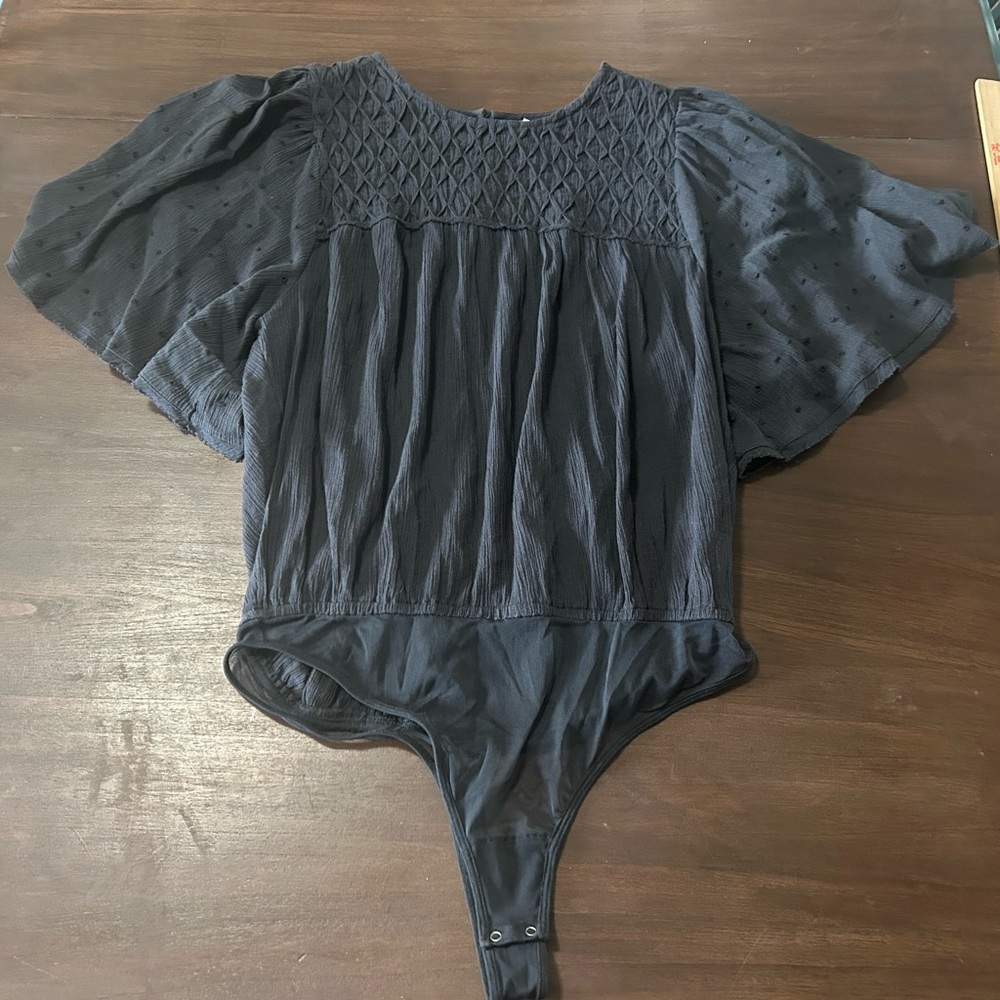 Urban Outfitters Black Textured Bodysuit with Puff Sleeve Detail